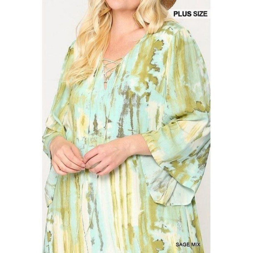 Sage Green Mix Print Tie Dye Multi Color Printed Maxi Dress With Lace Up - Picture 4 of 6